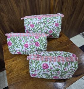 Algodón ecológico Vintage grande acolchado Floral blanco para Set 3 bolsas de cosméticos cierre de cremallera estuche impermeable estampado de bloque - Product Image 1