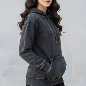 Sudadera con Capucha para Mujer, Estilo Vintage, Ligera, Transpirable, Estampada, de Felpa, Lavado Ácido, 100% Algodón, Otoño Invierno, Color Negro con Efecto Spray - Product Image 4