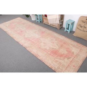 3.5x11.2 ft Vintage <b>Rug</b>, Turkish <b>Runner</b> <b>Rug</b>, Pink Brown Floral Wool <b>Rug</b> - Product Image 2