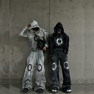 Custom Streetwear Heavy 500g Sudadera con capucha Pantalones de chándal Chándal Estampado gráfico Vintage Sweat suit Dirty Wash Oversized Jogger Sets Hombres - Product Image 1