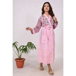 ชุดคลุมกิโมโนลำลองสไตล์โบฮีเมียนลายดอกไม้ปะติดปะต่อ ทำด้วยมือ เนื้อผ้านุ่มเบาสบาย ชุดนอน 100% ผ้าฝ้ายอินเดีย พิมพ์ลายบล็อกธรรมชาติ - Product Image 2