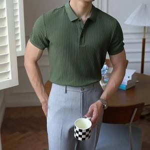 Summer Vintage <b>Men's</b> Short Sleeve for Polo <b>Shirt</b> New Trendy Casual Knitted Top with <b>Striped</b> Solid Color Versatile Lapel <b>T</b>-<b>shirt</b> - Product Image 3