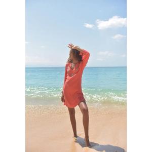 Túnica de Playa Color Coral para Mujer, Cuello en V, Bordada, Mini Vestido Ecológico, Lavable, Ropa de Verano para Resort, Corte Holgado, Estampado Floral Natural - Product Image 1