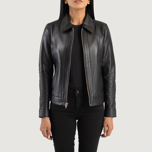 Chaqueta de Cuero Genuino Azul para Mujer, Cuello Alto, Cierre de Cremallera, Hombreras, Estilo Elegante, Corte Entallado - Product Image 5