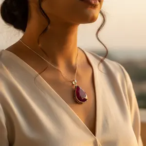 จี้เงินแท้ 925 ประดับทับทิม ชุบทอง 24K สไตล์โบฮีเมียนและศาสนา สีทอง 18K ของขวัญเครื่องประดับพลอย - Product Image 2