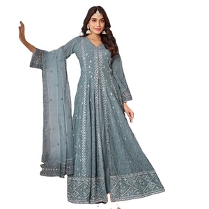 Fausse georgette lourde et soie Santos terne avec organza dupatta avec semi-cousu - Product Image 1