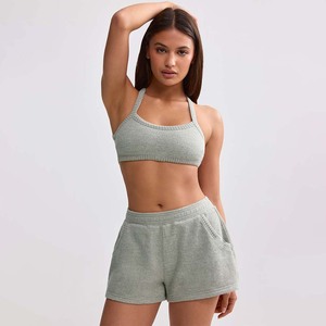 Wholesale Custom Sage Grey Terry <b>Towelling</b> Women <b>Shorts</b> With Pockets Super Soft Comfy & Breathable Gym Fitness <b>Shorts</b> For Women - Product Image 1