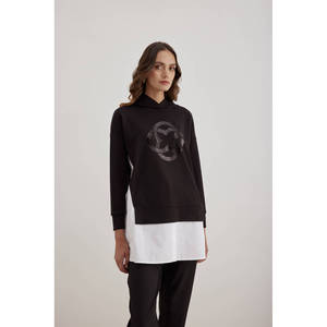 Blusa Holgada de Seda y Lino para Mujer, con Bordado y Encaje, Cuello Asimétrico, Diseño a Cuadros y Rayas - Product Image 5