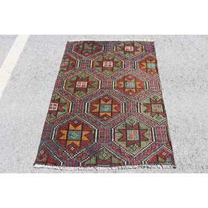 Tapis turc 3,2 x 4,4 pieds, petit tapis vintage, tapis en laine rouge patchwork - Product Image 1