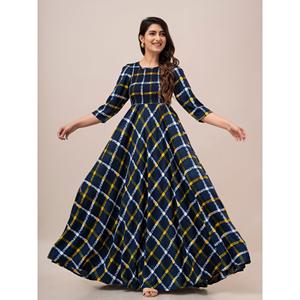 Robe longue évasée smockée à imprimé à carreaux jaunes, taille élastique, respirante, avec fermeture éclair et décoration drapée, pour femme de bureau, OEM/ODM - Product Image 1