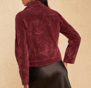 Burgundy <b>Suede</b> Leather <b>Jacket</b> Stand Collar Short Sleeve Casual Slim Fit Autumn Wear - Product Image 2