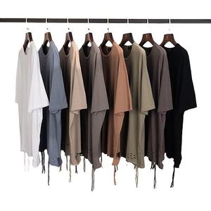 Haute rue goutte épaule coupe homme déchiré t-shirt chanvre coton tissus surdimensionné goutte épaule acide Vintage lavé bordure t-shirt - Product Image 2