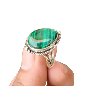 Anillo de piedras preciosas de malaquita de Plata de Ley 925 estilo bohemio, joyería hecha a mano, anillo de plata, joyería para mujer, regalo de boda para ella - Product Image 1