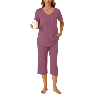 Conjunto de pijama de Modal de talla grande para mujer, ropa de dormir sin mangas con cuello en V, ropa de dormir corta con ribete de encaje, ropa de dormir teñida lisa, cintura suave con cordón - Product Image 1