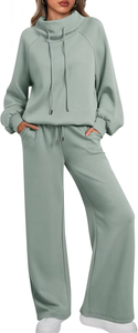 Ensemble de survêtement décontracté deux pièces pour femme : sweat-shirt à col montant et manches longues et pantalon de détente à jambes larges, couleur unie confortable - Product Image 4