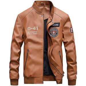 Veste en cuir PU polyvalente pour hommes avec col de baseball et lettres brodées Style délavé Doudoune - Product Image 1