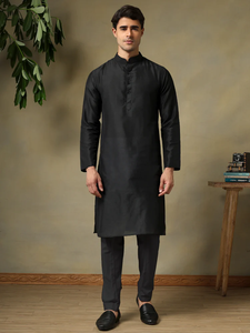 Mens <b>Black</b> Cotton <b>Silk</b> Kurta Set | Mandarin Collar Kurta with <b>Pyjama</b> | Solid Pattern |Breathable Fabric | Comfortable & Casual - Product Image 2