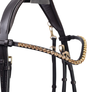 Bridon de dressage anatomique personnalisable, élégant, en cuir verni brun, de haute qualité, avec bandeau frontal en cristal doré et muserolle rembourrée - Product Image 2