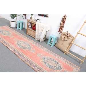 พรมวินเทจ ขนาด 2.9x11.3 ฟุต สีชมพู-ฟ้า ลายตาราง ทำจากขนสัตว์ พรมตุรกี - Product Image 4