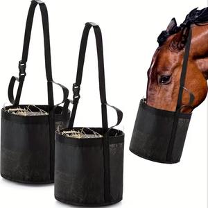 Sac à foin pour chevaux en nylon noir réglable VALNERO INTERNATIONAL, tailles S/M/L, distributeur de foin lent suspendu pratique pour bovins et chevaux - Product Image 1