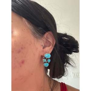 Lydia Begay Kingman <b>Earrings</b> Turquoise & Sterling <b>Silver</b> Post Dangle Cluster Stud Drop for Gift Featuring Gold Pearl & Diamond - Product Image 2