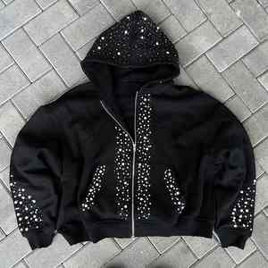 Sweats à capuche pour hommes Ensemble pantalon de survêtement et sweat à capuche en strass 100% coton Ensemble délavé à l'acide Survêtement lourd surdimensionné à fermeture éclair complète pour hommes - Product Image 5