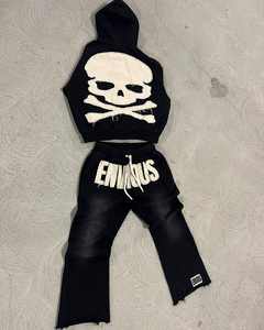 Custom Hoodie and Sweatpants Set Jogger Sweat suit Distressed Embroidery <b>Applique</b> <b>Patch</b> Acid Washed Women Men Tracksuit - Product Image 5