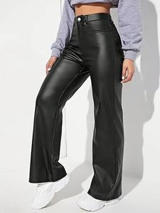 Pantalon large décontracté et confortable pour femmes en similicuir noir respirant avec taille haute taille moyenne Caractéristiques de la saison d'hiver - Product Image 4