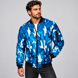 Custom <b>Mens</b> Blue Quilted Bomber <b>Jacket</b> Padded Winter Warm Full Zip <b>Flight</b> Baseball Coat - Product Image 1