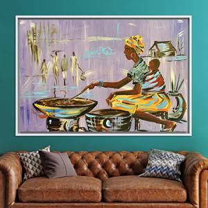 Toile imprimée : Art africain - Femme africaine cuisinant, TOILE ENCADRÉE BLANCHE - Product Image 1