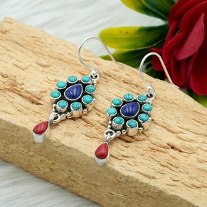 Pendientes Colgantes Hechos a Mano con Turquesa, Coral y Lapislázuli, Plata de Ley 925, con Múltiples Piedras, Regalo de Moda - Product Image 4