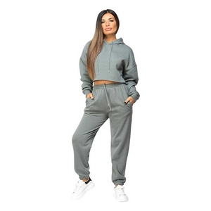 Ensembles de survêtements unisexes en molleton de coton deux pièces, anti-bactériens, imprimés numériquement à 100 %, motif uni, crop top et sweats à capuche - Product Image 2