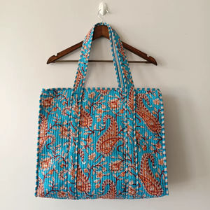 Indian Women's <b>Quilted</b> Cotton Lined <b>Tote</b> Shopping Carry <b>Bag</b> Hand-Block Printed with Embroidered Jugle Design Zipper Closure - Product Image 1