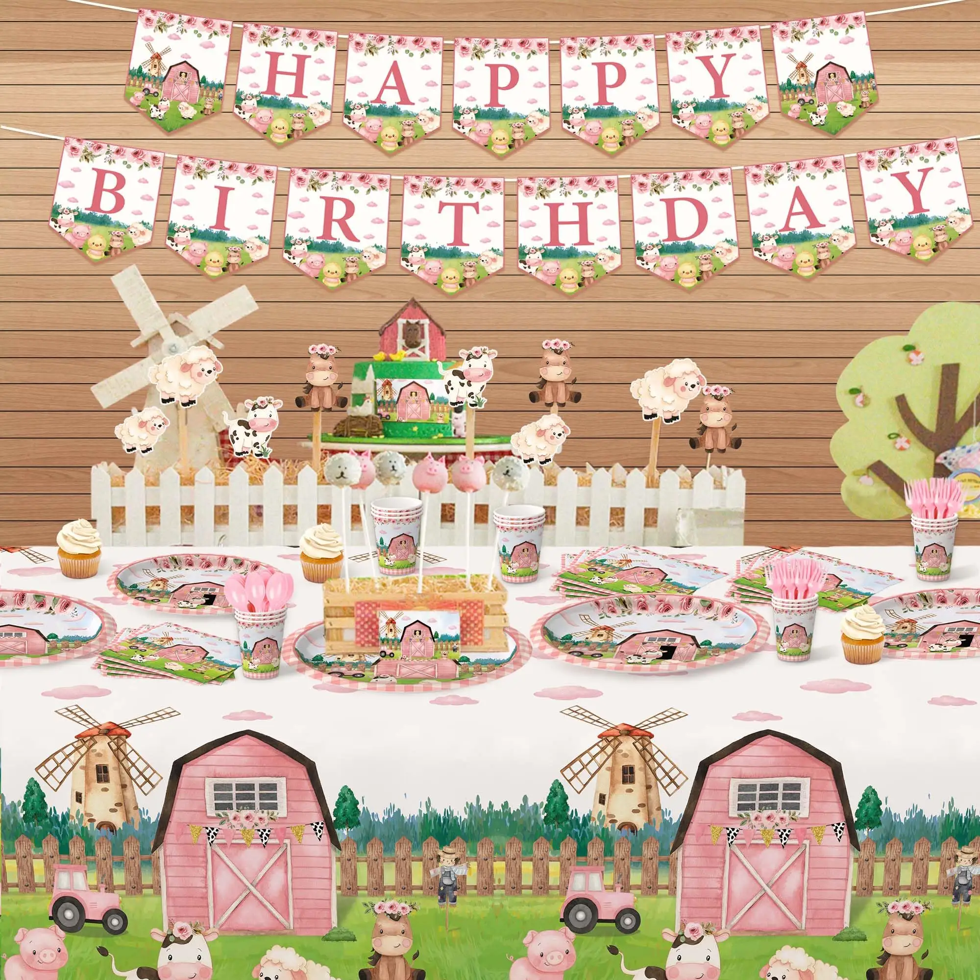 Farm Animal Birthday Party Decorations Pink Farm Plates Cups Napkins Tableware Farm Birthday Favors