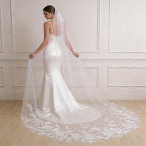 Elegante Velo <span class=keywords><strong>de</strong></span> Novia Largo <span class=keywords><strong>de</strong></span> Tul con Bordado <span class=keywords><strong>de</strong></span> Flores y Encaje, con Peine - Product Image 2