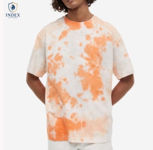 Camiseta Tie-Dye para Hombre de INDEX APPAREL, Manga Corta, Cuello Redondo, Estilo Casual Holgado, Tejido Jersey, 100% Algodón, Patrón Naranja y Blanco - Product Image 1