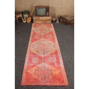 Alfombra Turca Vintage Herki de 3.8x10.7 pies, Alfombra Geométrica Naranja - Product Image 1