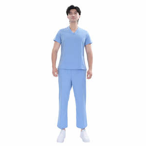 Ensemble de blouses médicales unisexes bleues en tissu TR extensible à manches courtes, avec logo personnalisé, style OEM, pour infirmières musulmanes - Product Image 4