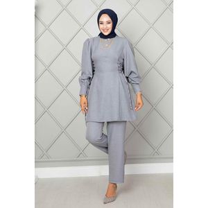2 Piece Gray <b>Linen</b> Hijab Set for Women Side Tied Accessory - Product Image 1