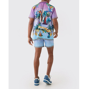 Conjunto de Camiseta y Pantalones Cortos Deportivos Casuales de Verano de Alta Calidad, Cuello en V, Manga Corta, Estampado de Palmeras, Satén, Poliéster y Nailon para Hombre - Product Image 2