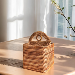 Handwoven Rattan Rectangular <b>Storage</b> <b>Basket</b> with Handles for <b>Shelf</b> and Cabinet Organization - Product Image 4