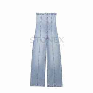 Haute Qualité Denim Bouton Up Combinaison Vintage Bleu Jean Large Jambe Cloche Bas Femmes Barboteuses - Product Image 1