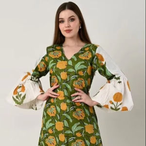 Gran oferta de verano, vestido estampado con cuello en V y mangas abullonadas, vestido largo transpirable y cómodo para mujer, bordado Floral Vintage - Product Image 1