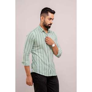 Chemise décontractée boutonnée en lin tissé pour homme, 100 % coton, rayures vertes, manches longues, respirante, 6XL - Product Image 3