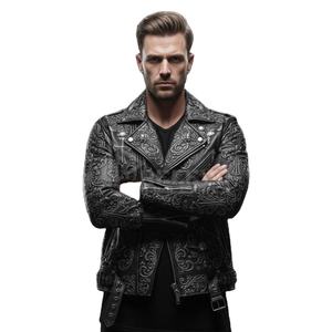 แจ็คเก็ตไบค์เกอร์สไตล์โกธิคเรียบง่าย เสื้อโค้ทหนังพังก์ ตกแต่งด้วยหัวกะโหลกสีเงินและกากบาท ทรงเข้ารูป คอตั้ง โลโก้ด้านหน้า แจ็คเก็ตมอเตอร์ไซค์ - Product Image 3