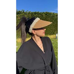 Camel Pearl Detailed Stylish <b>Straw</b> <b>Visor</b> Hat Oval Design Summer Accessory HSR2086 - camel2086 - Product Image 2