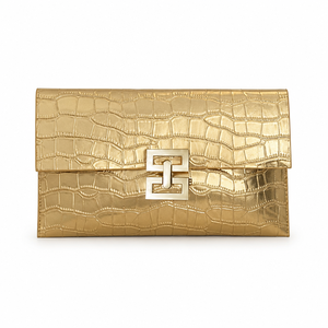 Bolso de mano tipo sobre con estampado de cocodrilo dorado, bolso de noche de lujo para mujer con cierre metálico - Product Image 1