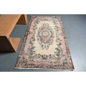 3.8x6.7 ft Vintage Rug, Turkish Rug, <b>Brown</b> Polka dot <b>Wool</b> Rug - Product Image 1