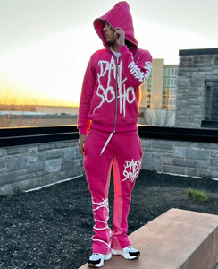 Custom 3D Logo Zip Hoodies Winter Flare Pants Sets for Men Stacked Sweat Suits Puff Print Fleece <b>Tracksuits</b> Sweatsuit Gym Use - Product Image 5
