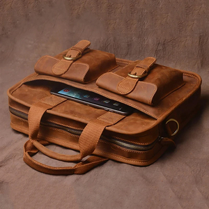 Classic Cowhide Leather Laptop Messenger Protective Durable Office Bag with Shoulder Strap Zipper Closure Brown - Product Image 4